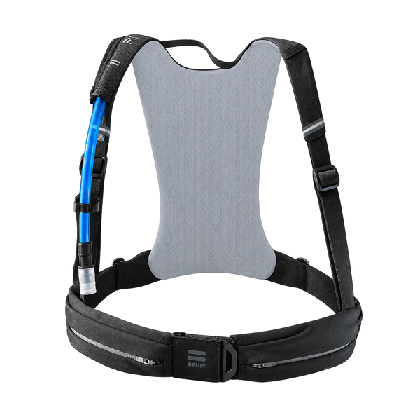 Black FITLY Sub90 Hydro Running Pack showing front view with adjustable straps and multiple water bottle pockets.