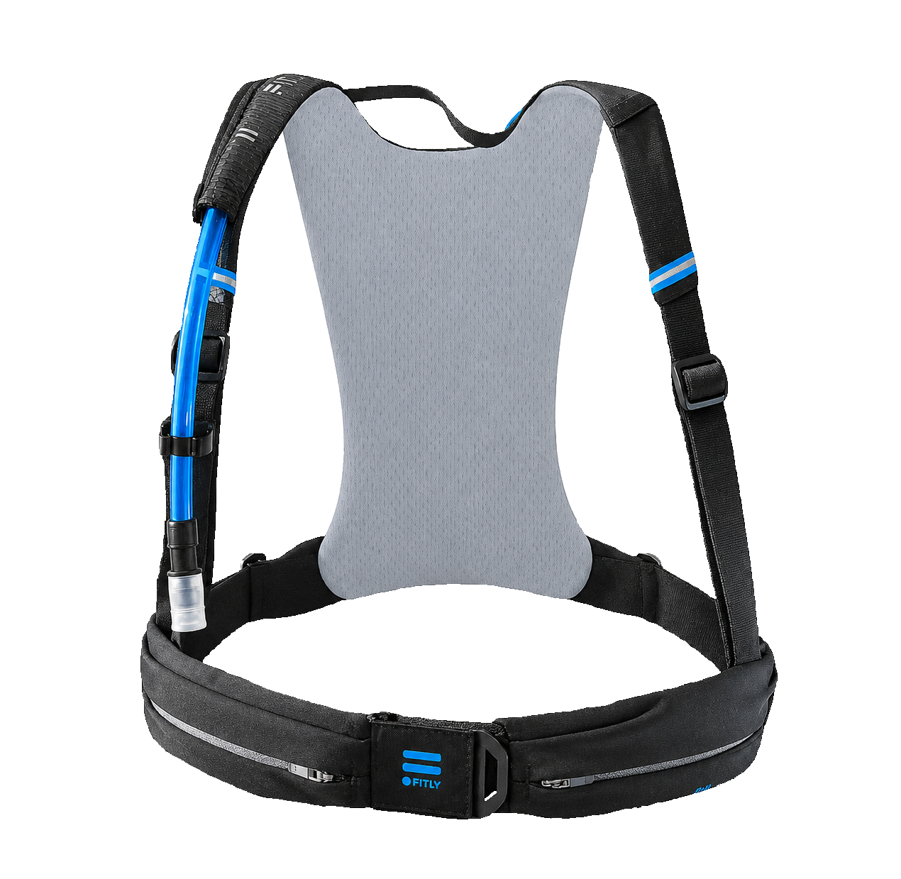 FITLY Sub90 Hydro Running Pack in blue, front view showing adjustable straps and hydration storage for running and outdoor activities.